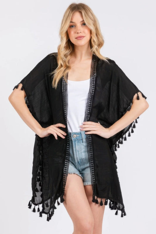 Crochet And Tassel Trim Cover Up - minbolu -