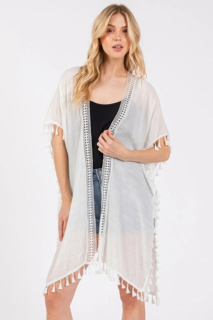 Crochet And Tassel Trim Cover Up - minbolu -