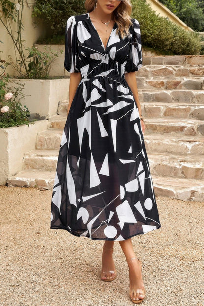Bohemian V Neck Elastic Waisted Band Midi Dress - minbolu -