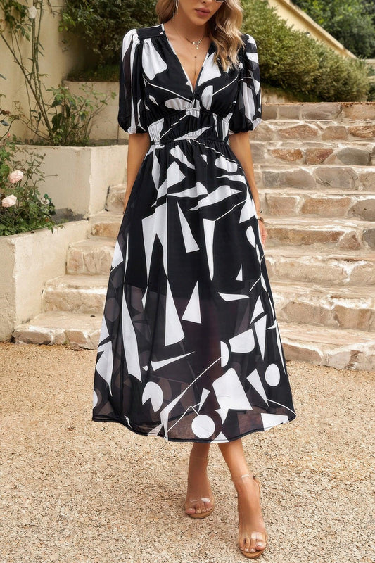 Bohemian V Neck Elastic Waisted Band Midi Dress - minbolu -