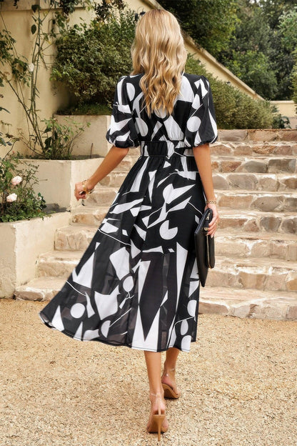 Bohemian V Neck Elastic Waisted Band Midi Dress - minbolu -