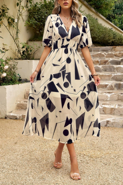 Bohemian V Neck Elastic Waisted Band Midi Dress - minbolu -