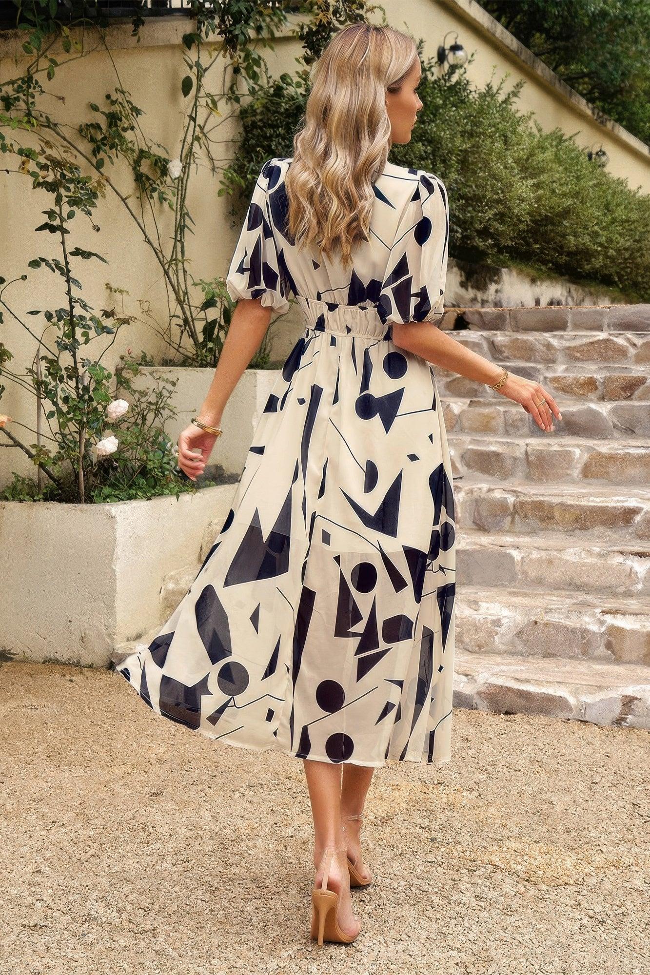 Bohemian V Neck Elastic Waisted Band Midi Dress - minbolu -