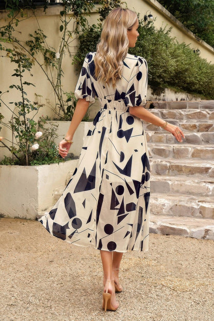 Bohemian V Neck Elastic Waisted Band Midi Dress - minbolu -