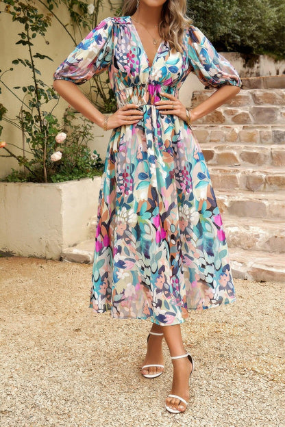 Bohemian V Neck Elastic Waisted Band Midi Dress - minbolu -