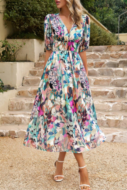 Bohemian V Neck Elastic Waisted Band Midi Dress - minbolu -