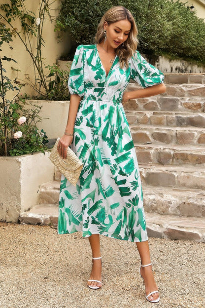 Bohemian V Neck Elastic Waisted Band Midi Dress - minbolu -
