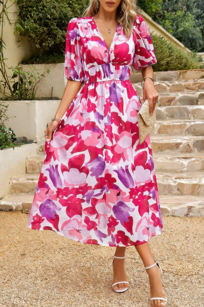 Bohemian V Neck Elastic Waisted Band Midi Dress - minbolu -
