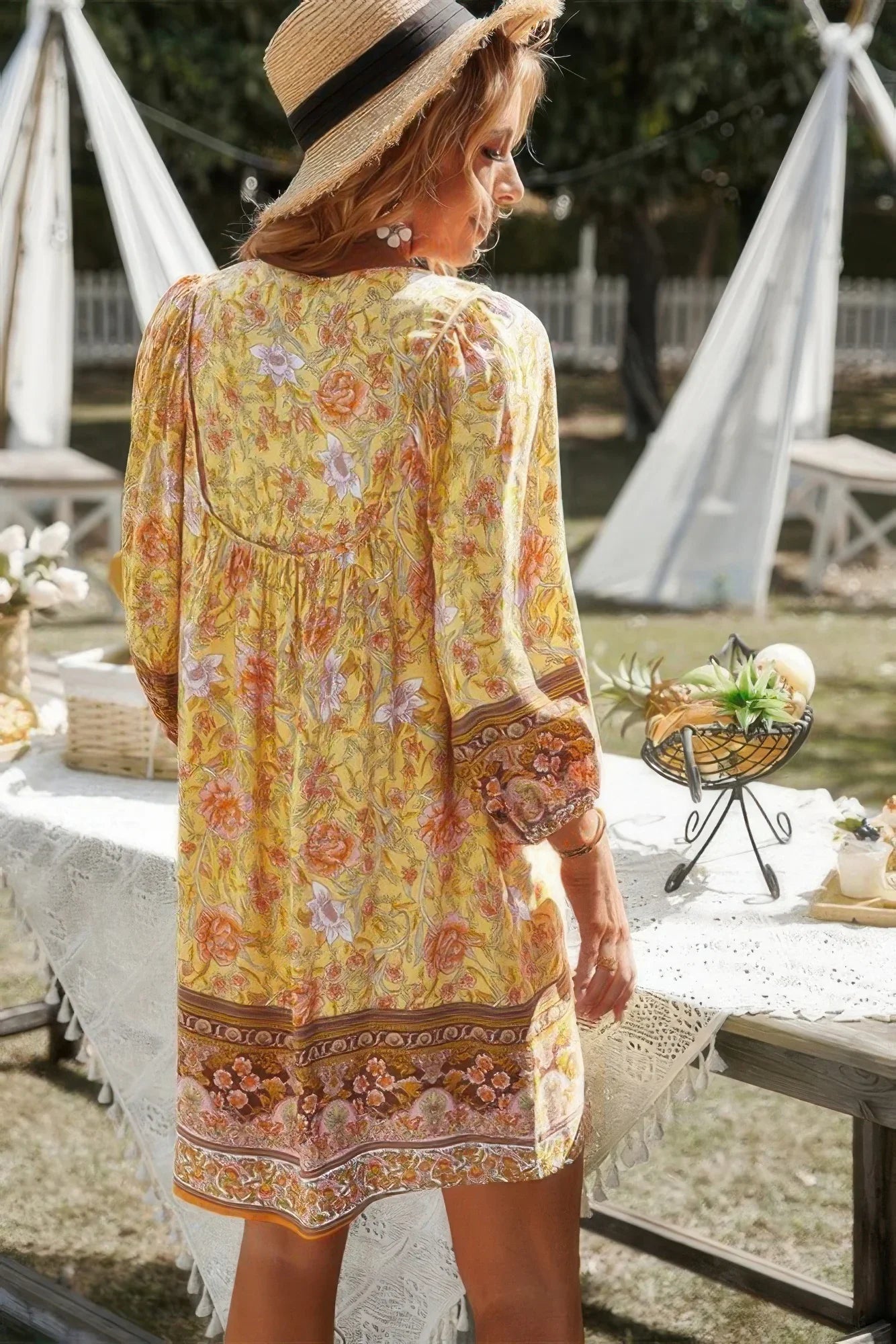 Floral V Neck Long Sleeve Boho A Line Dress - minbolu -
