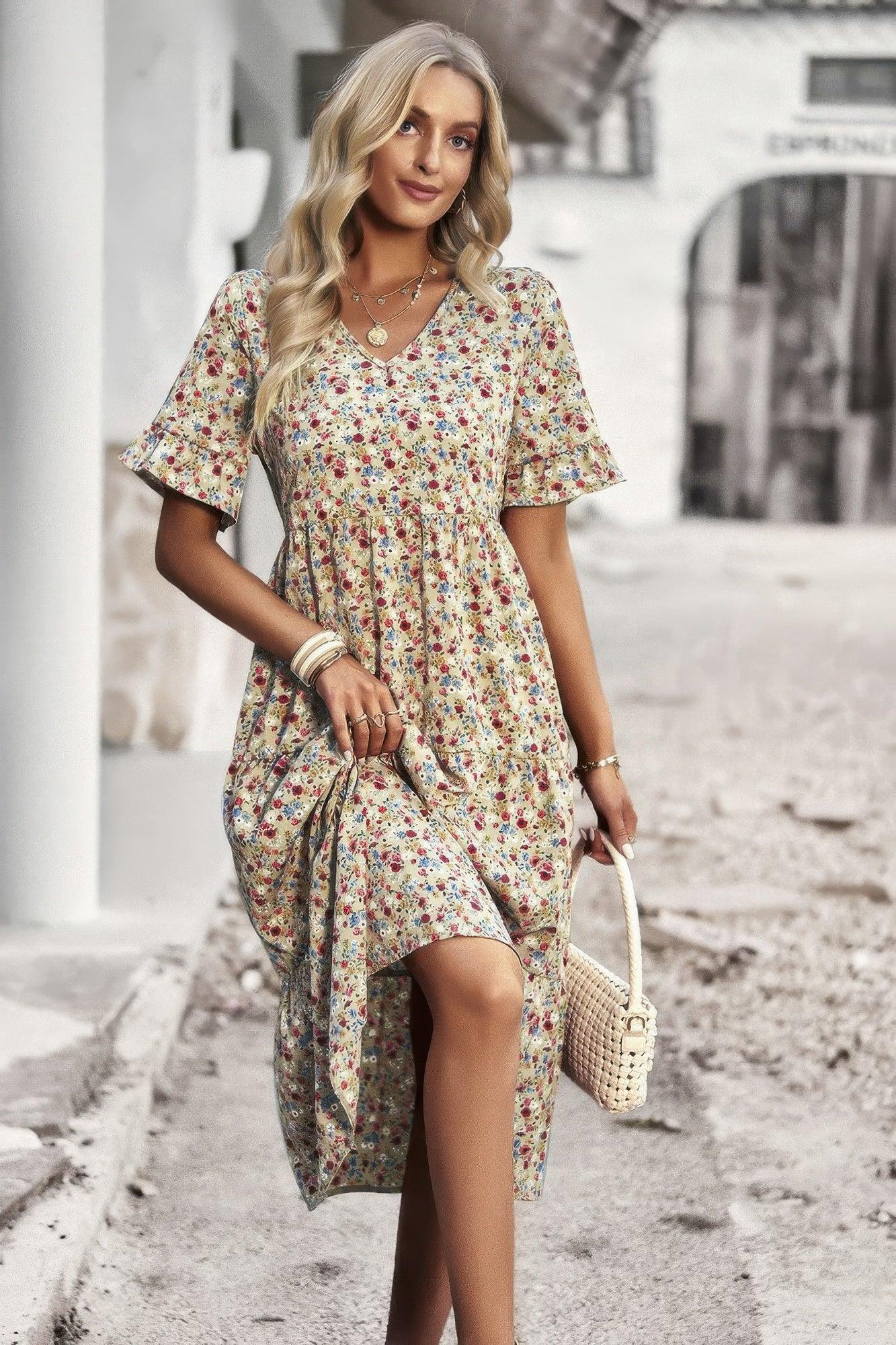 Boho Floral Ruffle Hem V Neck Short Sleeve Dress - minbolu -
