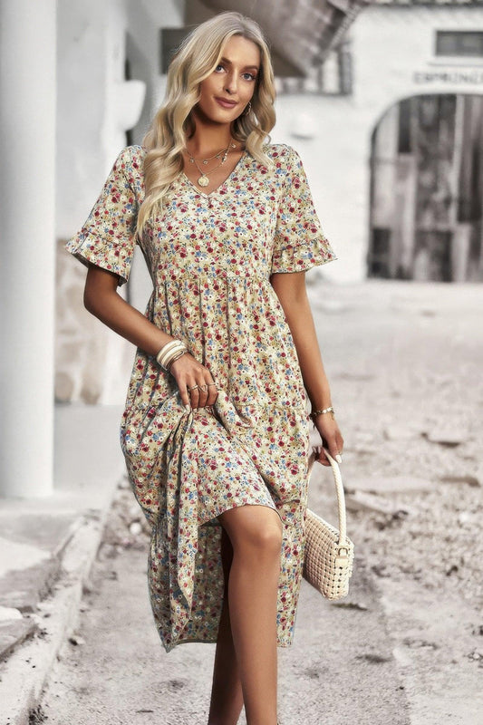 Boho Floral Ruffle Hem V Neck Short Sleeve Dress - minbolu -