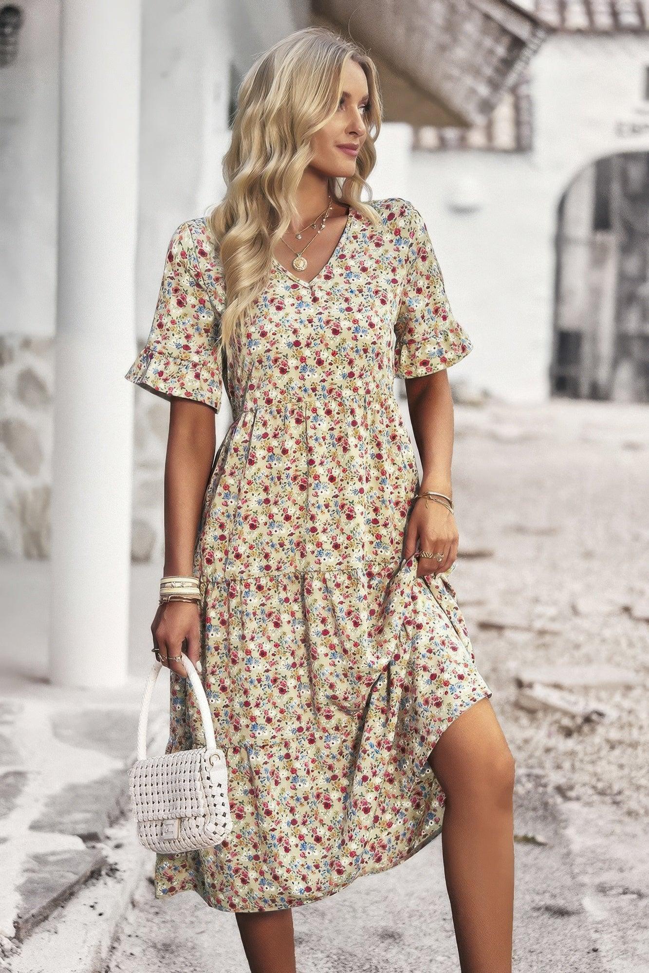 Boho Floral Ruffle Hem V Neck Short Sleeve Dress - minbolu -