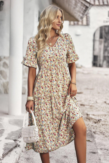 Boho Floral Ruffle Hem V Neck Short Sleeve Dress - minbolu -