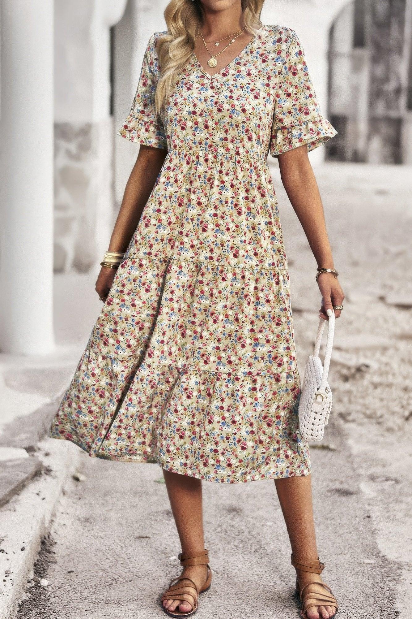 Boho Floral Ruffle Hem V Neck Short Sleeve Dress - minbolu -