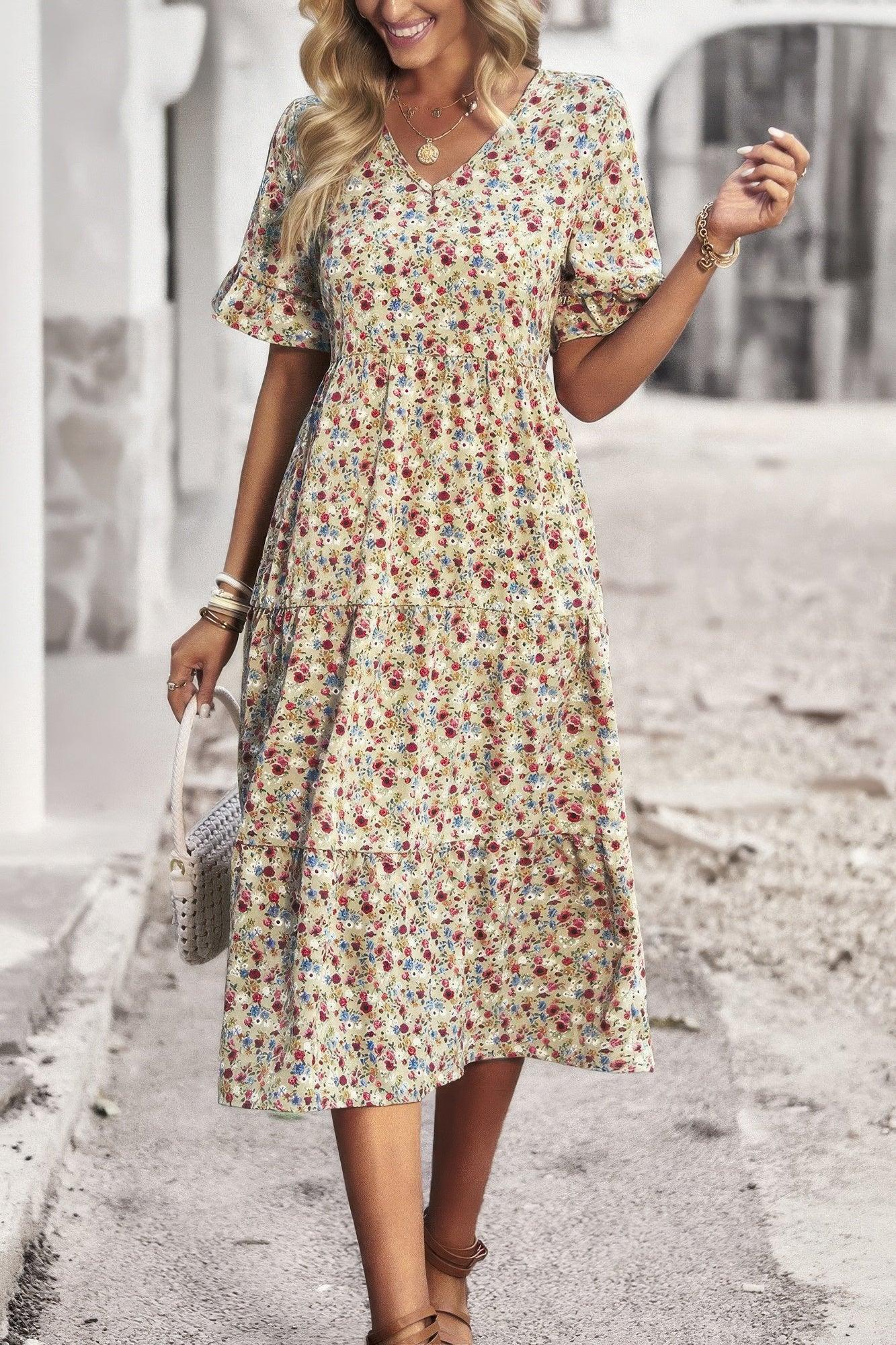 Boho Floral Ruffle Hem V Neck Short Sleeve Dress - minbolu -