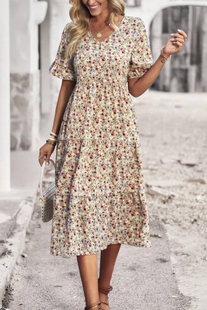 Boho Floral Ruffle Hem V Neck Short Sleeve Dress - minbolu -