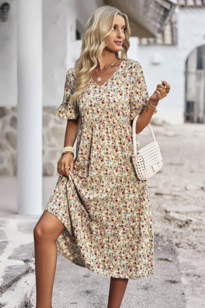 Boho Floral Ruffle Hem V Neck Short Sleeve Dress - minbolu -
