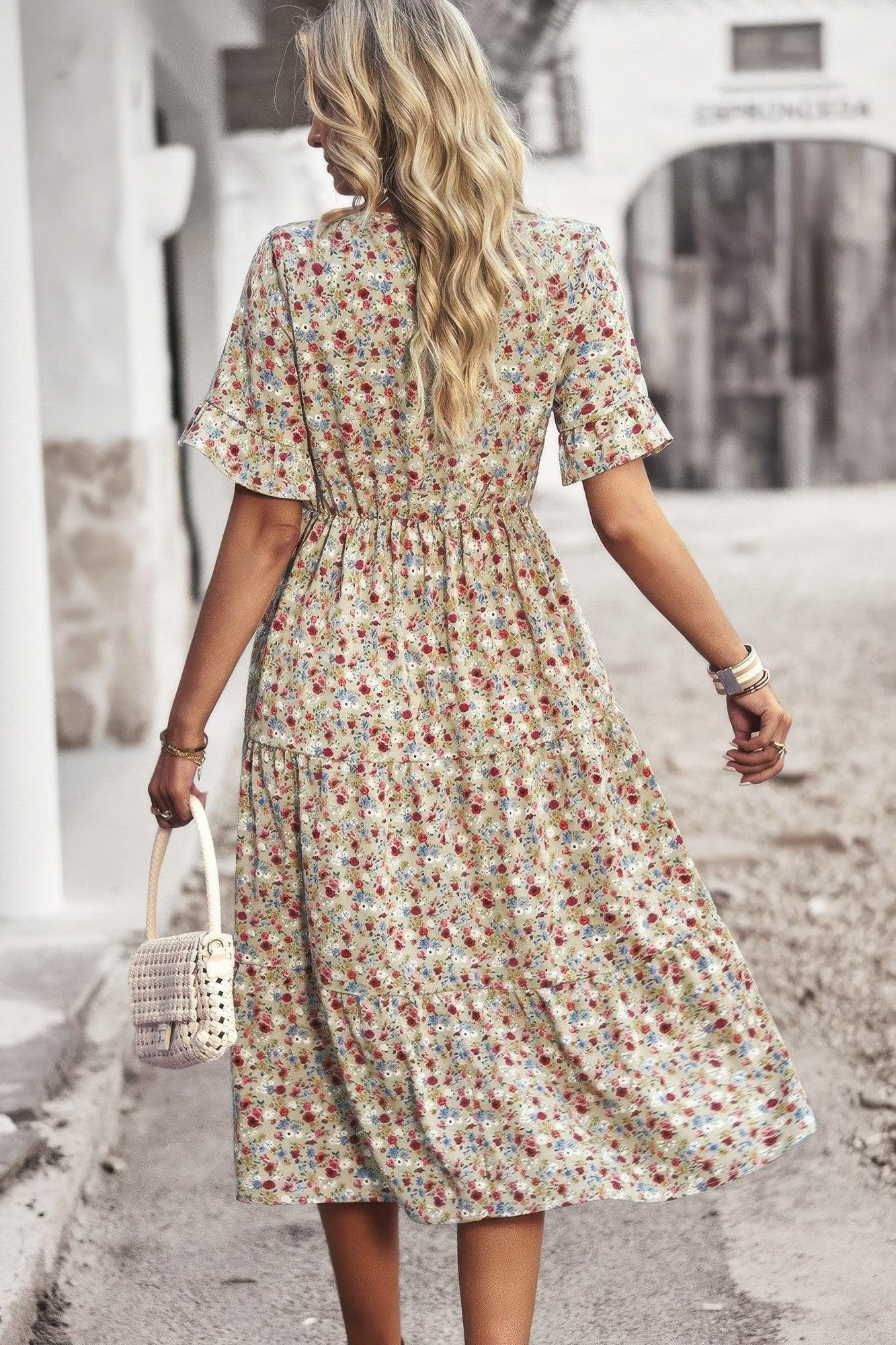 Boho Floral Ruffle Hem V Neck Short Sleeve Dress - minbolu -