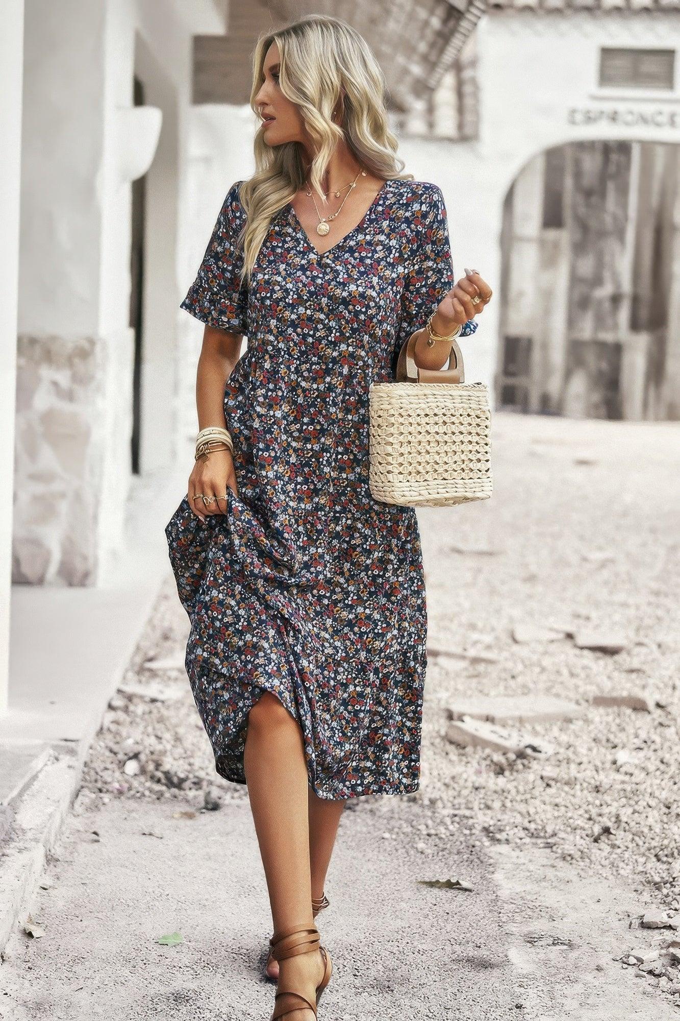 Boho Floral Ruffle Hem V Neck Short Sleeve Dress - minbolu -