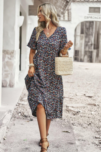 Boho Floral Ruffle Hem V Neck Short Sleeve Dress - minbolu -
