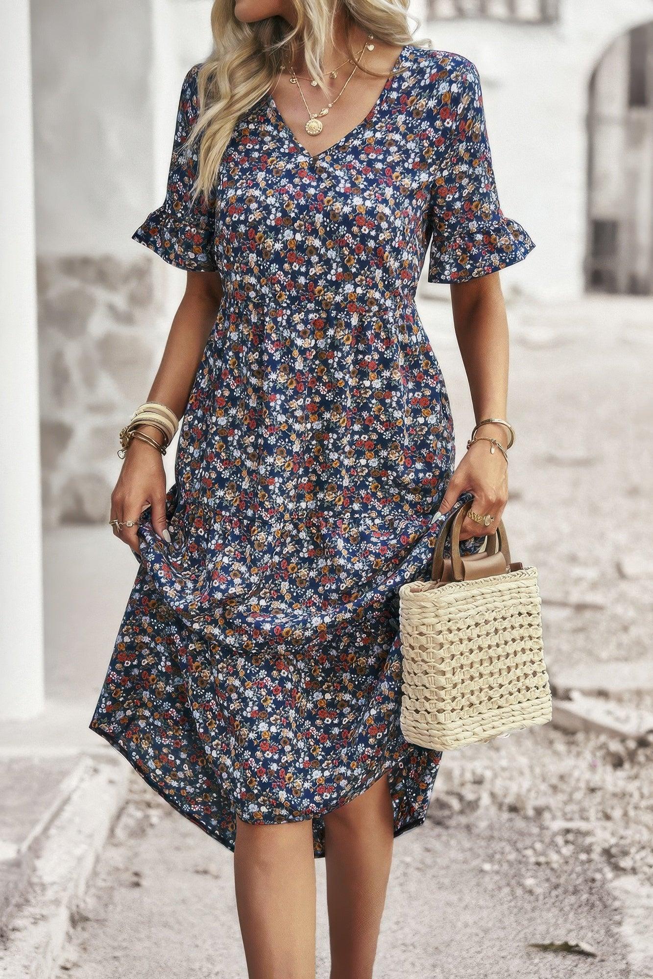 Boho Floral Ruffle Hem V Neck Short Sleeve Dress - minbolu -