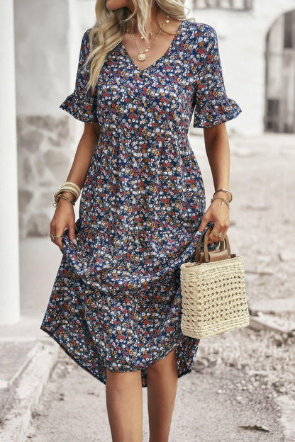Boho Floral Ruffle Hem V Neck Short Sleeve Dress - minbolu -