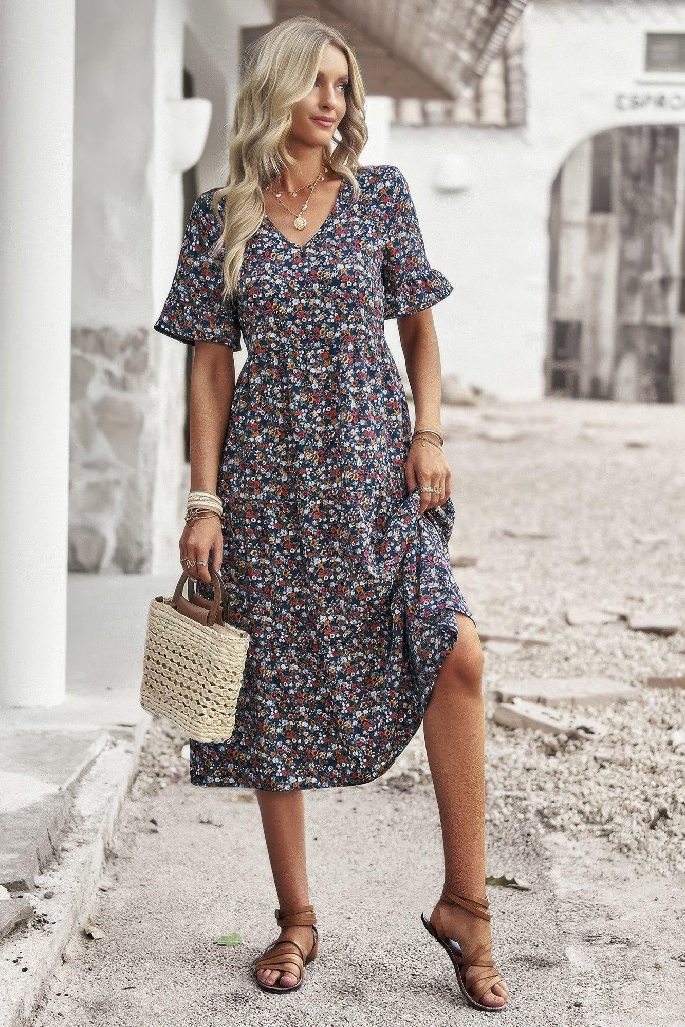 Boho Floral Ruffle Hem V Neck Short Sleeve Dress - minbolu -