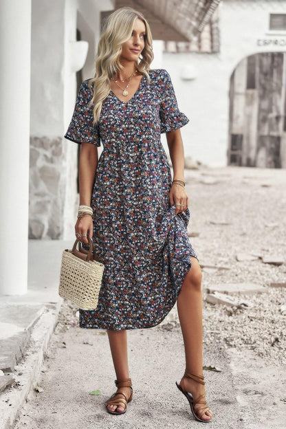 Boho Floral Ruffle Hem V Neck Short Sleeve Dress - minbolu -