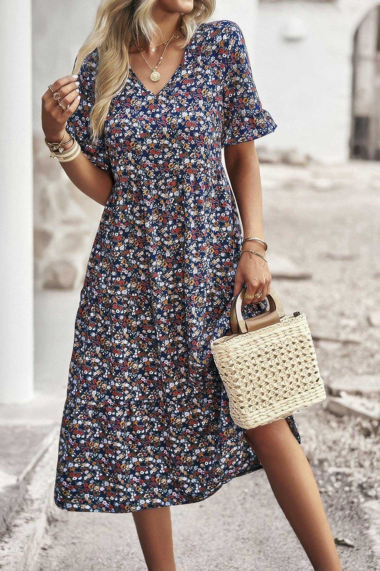 Boho Floral Ruffle Hem V Neck Short Sleeve Dress - minbolu -