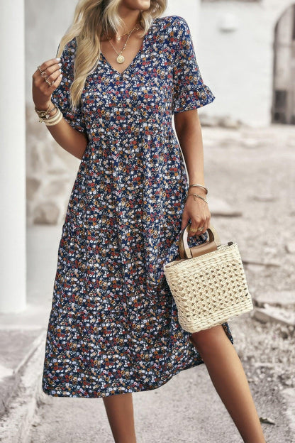 Boho Floral Ruffle Hem V Neck Short Sleeve Dress - minbolu -