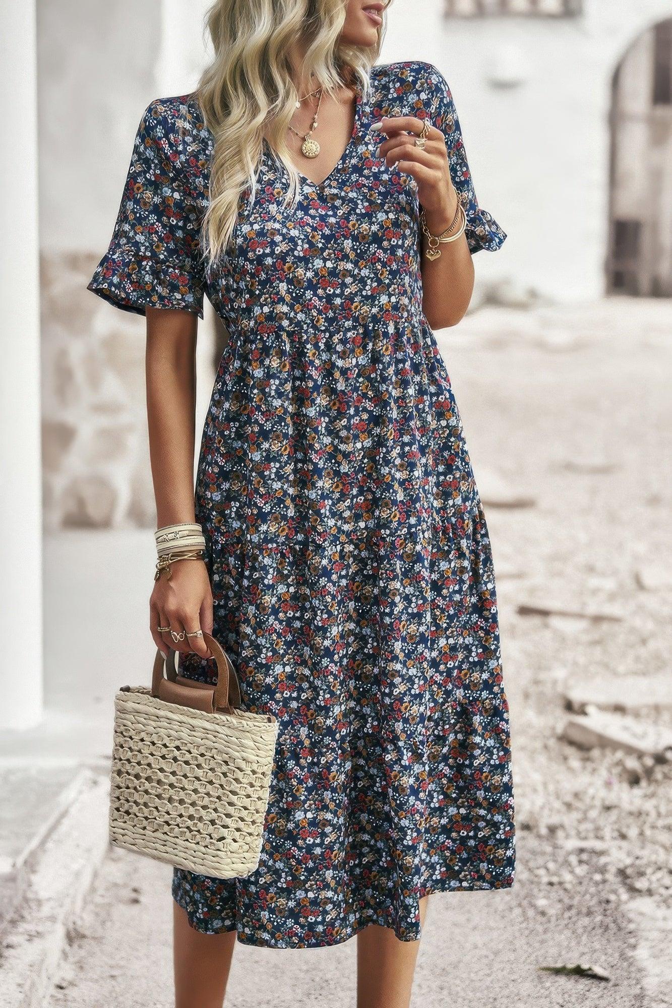 Boho Floral Ruffle Hem V Neck Short Sleeve Dress - minbolu -