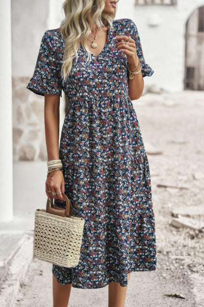 Boho Floral Ruffle Hem V Neck Short Sleeve Dress - minbolu -