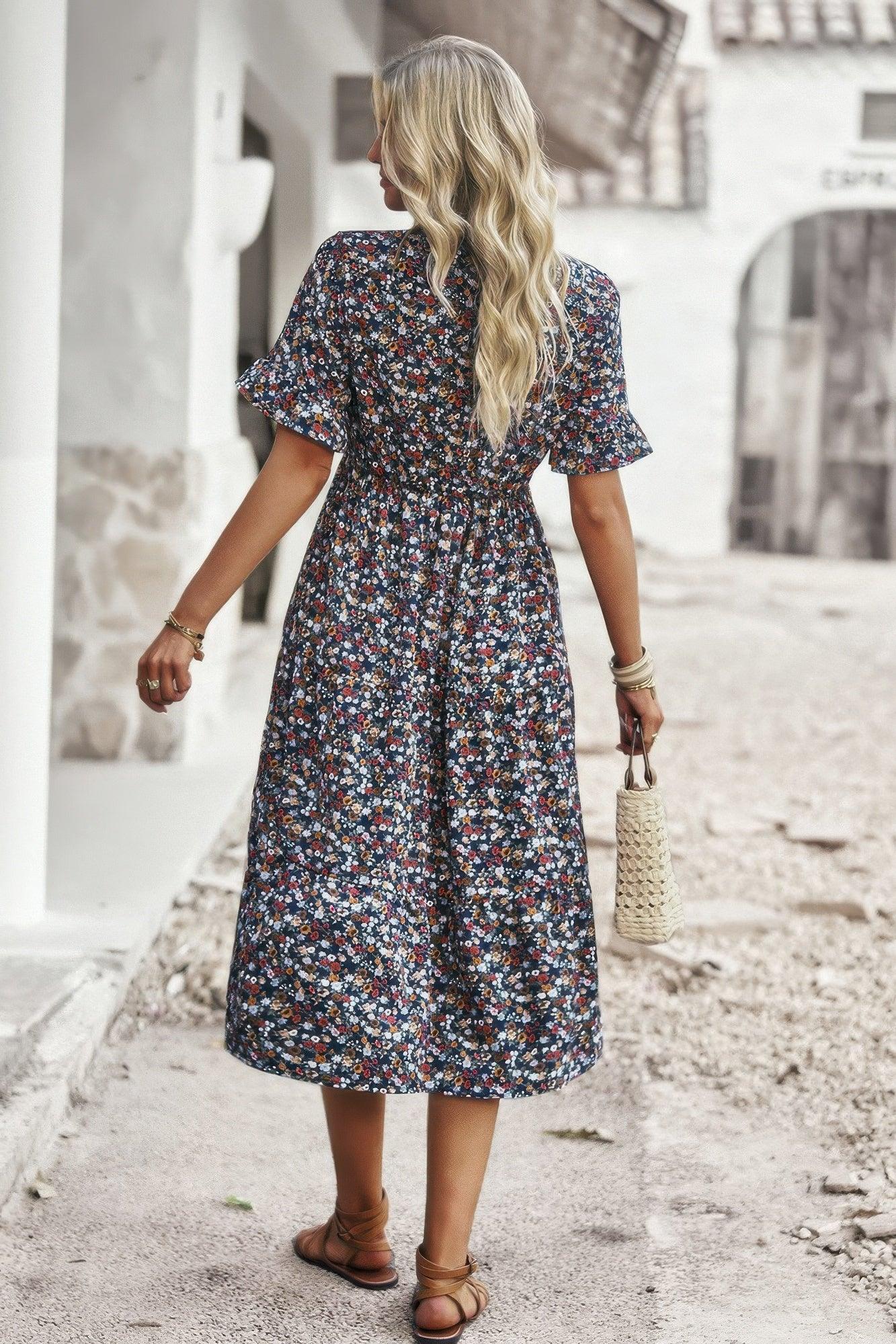 Boho Floral Ruffle Hem V Neck Short Sleeve Dress - minbolu -