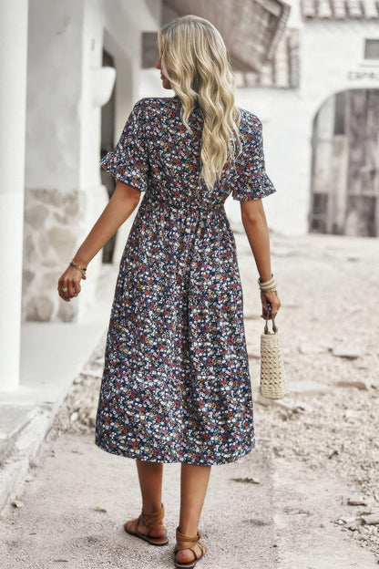 Boho Floral Ruffle Hem V Neck Short Sleeve Dress - minbolu -
