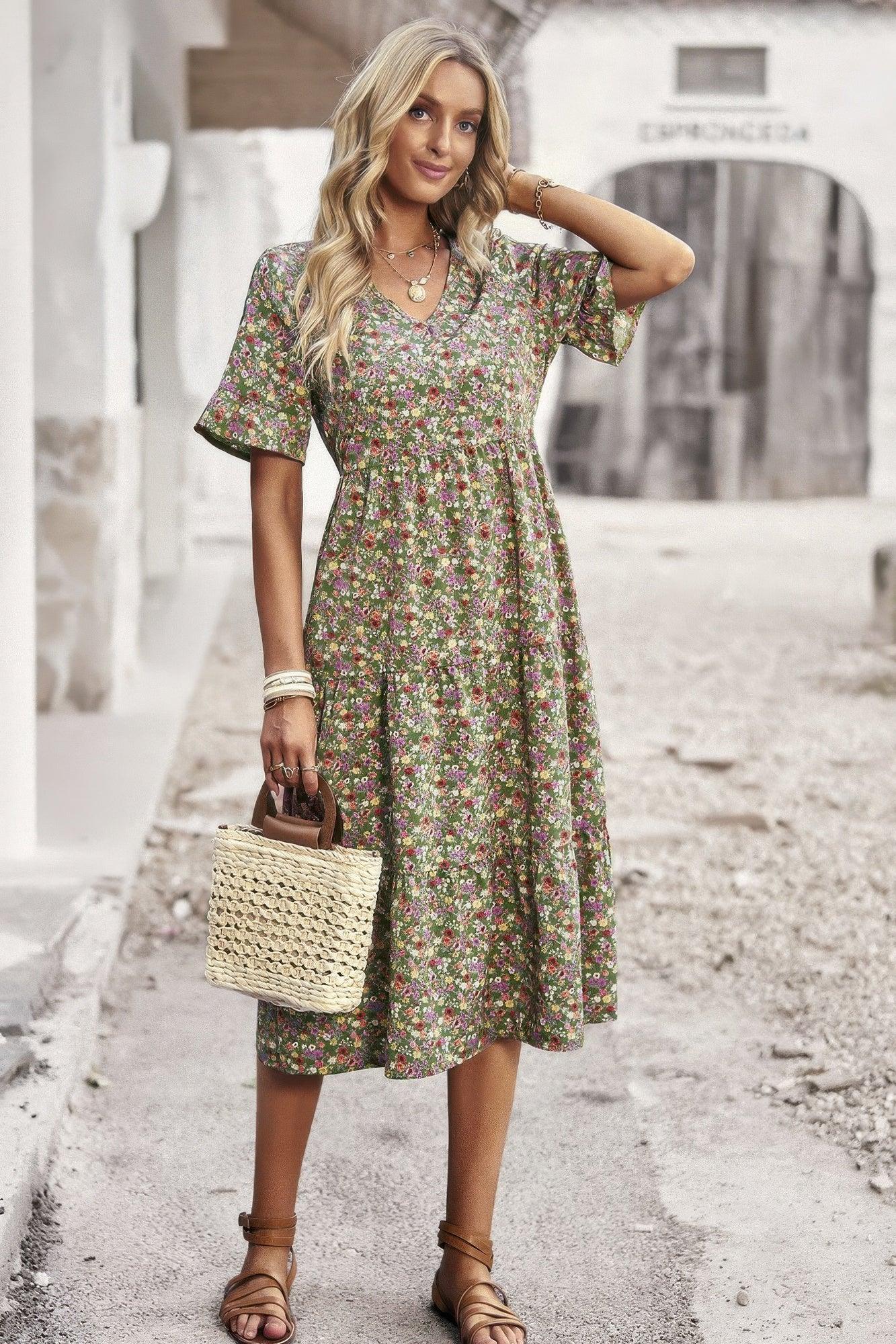Boho Floral Ruffle Hem V Neck Short Sleeve Dress - minbolu -