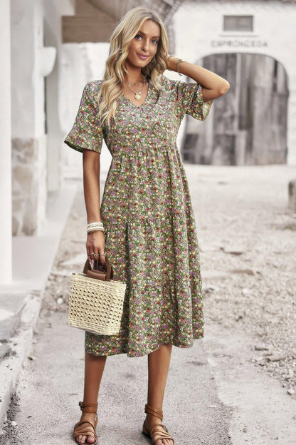 Boho Floral Ruffle Hem V Neck Short Sleeve Dress - minbolu -