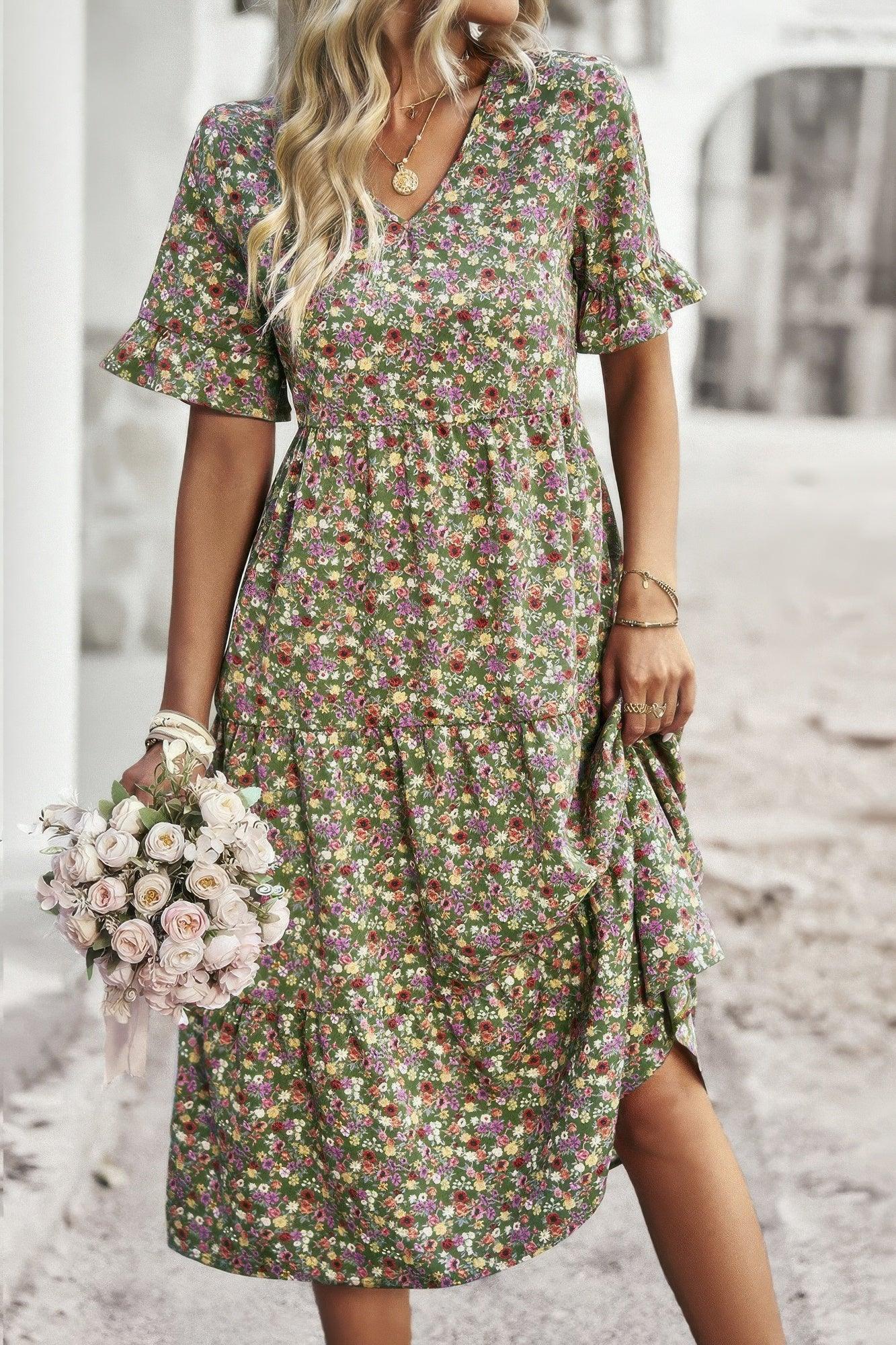 Boho Floral Ruffle Hem V Neck Short Sleeve Dress - minbolu -