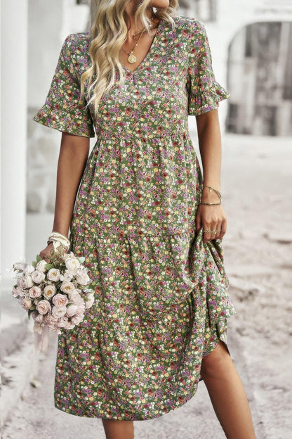 Boho Floral Ruffle Hem V Neck Short Sleeve Dress - minbolu -