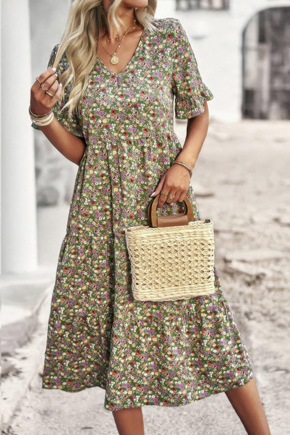 Boho Floral Ruffle Hem V Neck Short Sleeve Dress - minbolu -