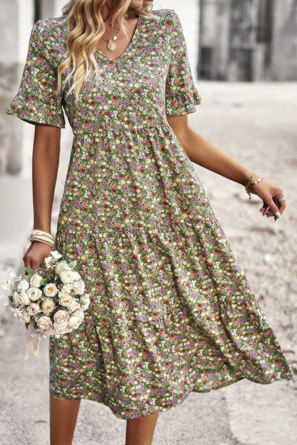 Boho Floral Ruffle Hem V Neck Short Sleeve Dress - minbolu -