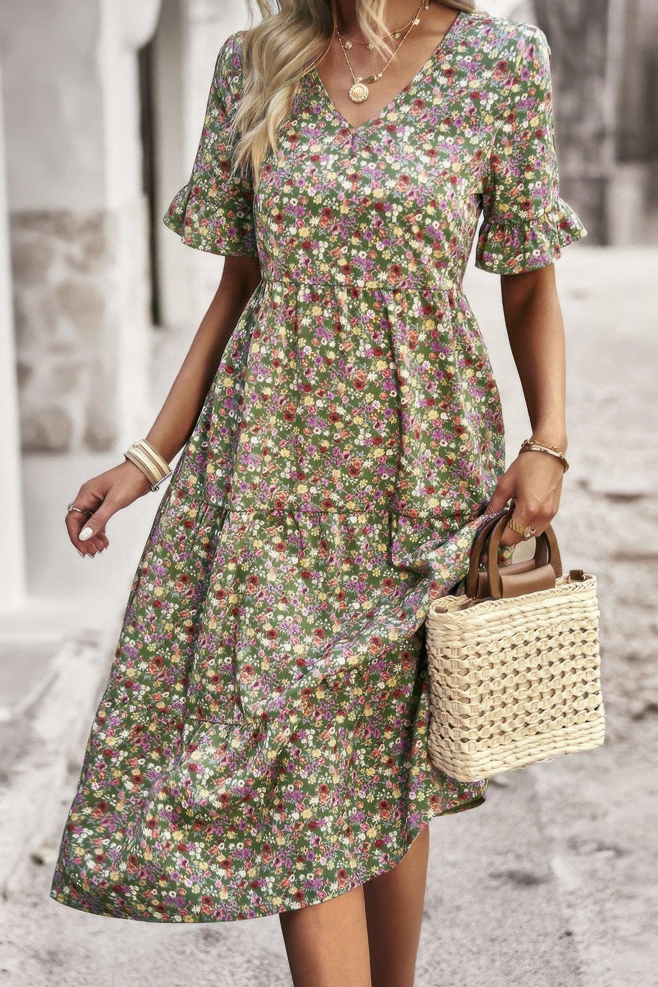 Boho Floral Ruffle Hem V Neck Short Sleeve Dress - minbolu -