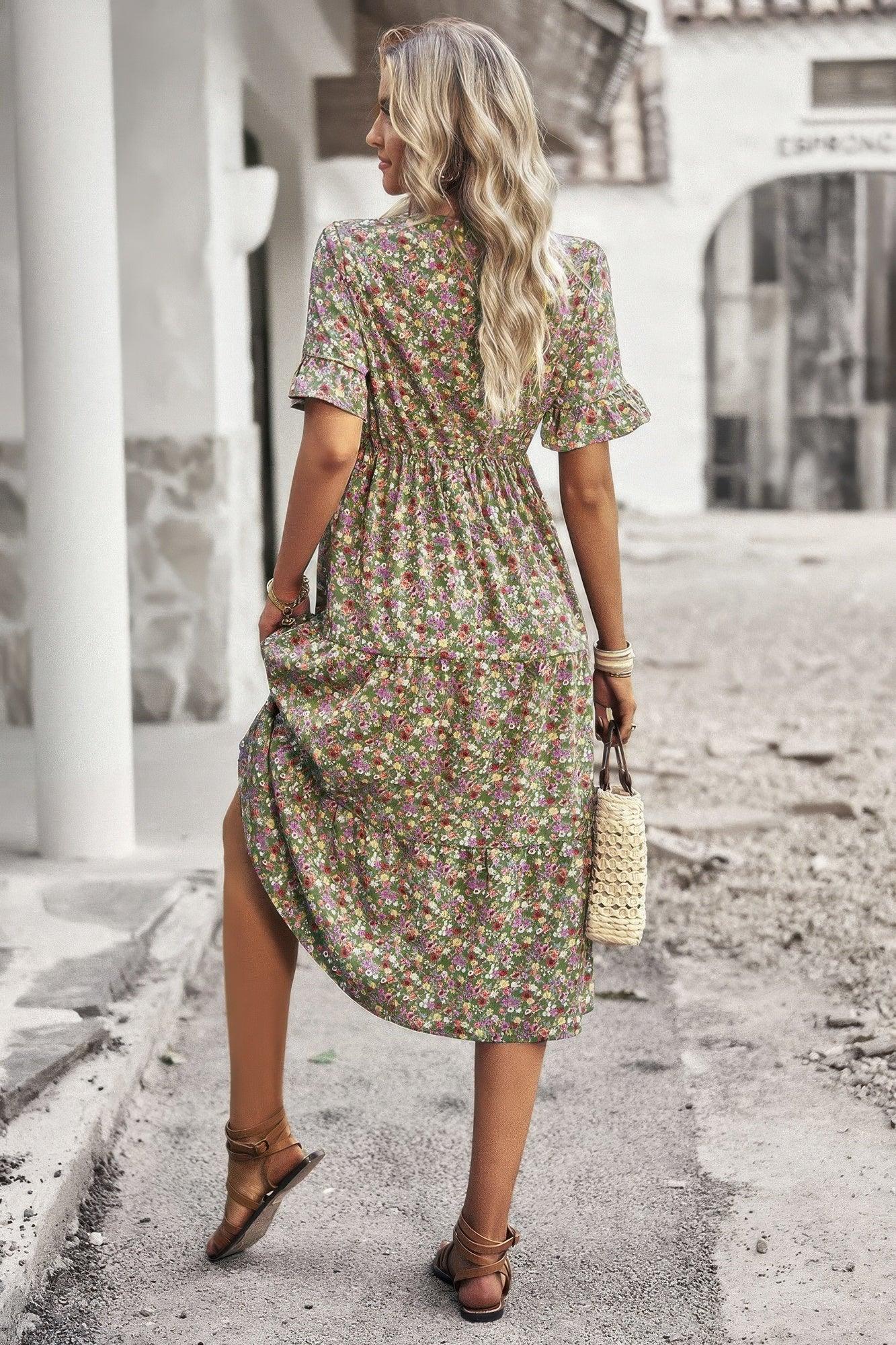 Boho Floral Ruffle Hem V Neck Short Sleeve Dress - minbolu -