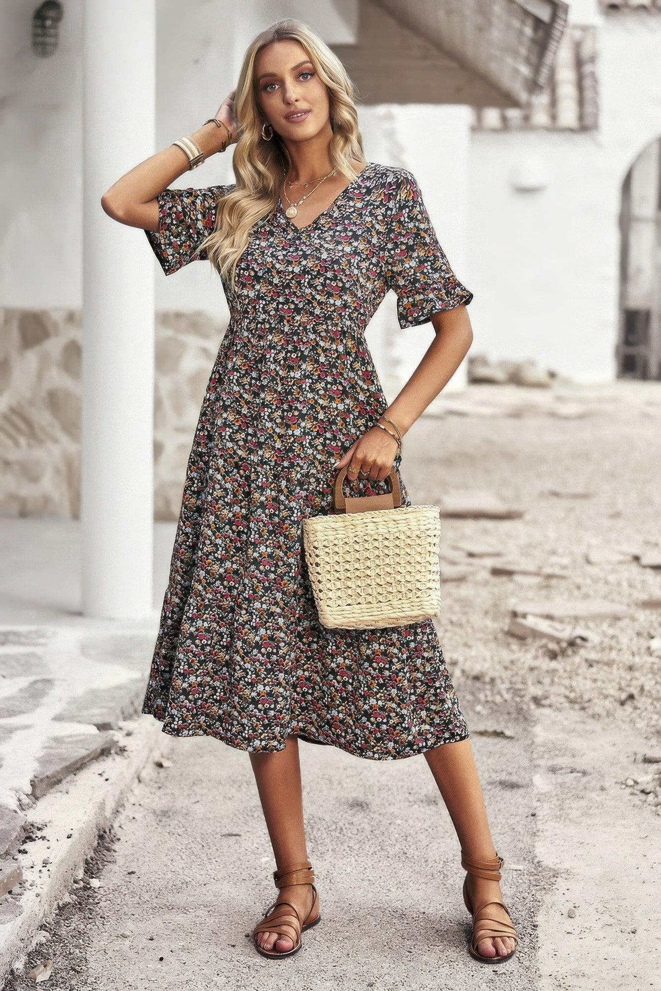 Boho Floral Ruffle Hem V Neck Short Sleeve Dress - minbolu -