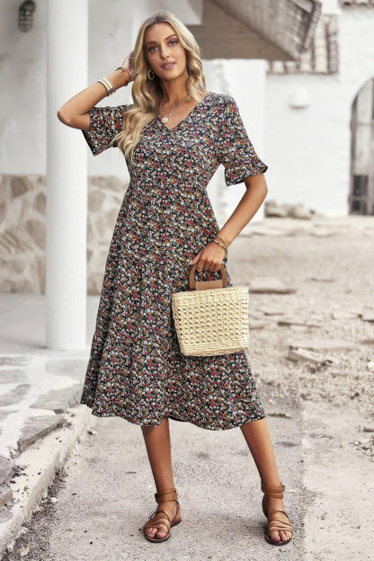 Boho Floral Ruffle Hem V Neck Short Sleeve Dress - minbolu -
