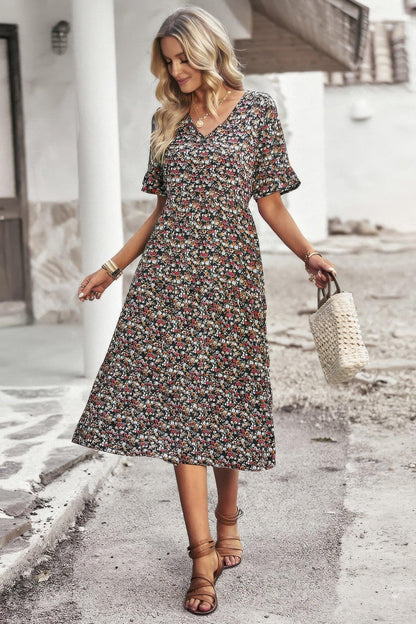 Boho Floral Ruffle Hem V Neck Short Sleeve Dress - minbolu -