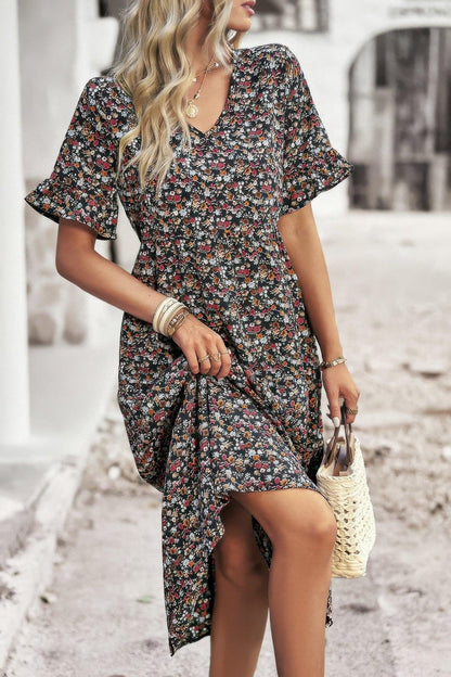 Boho Floral Ruffle Hem V Neck Short Sleeve Dress - minbolu -