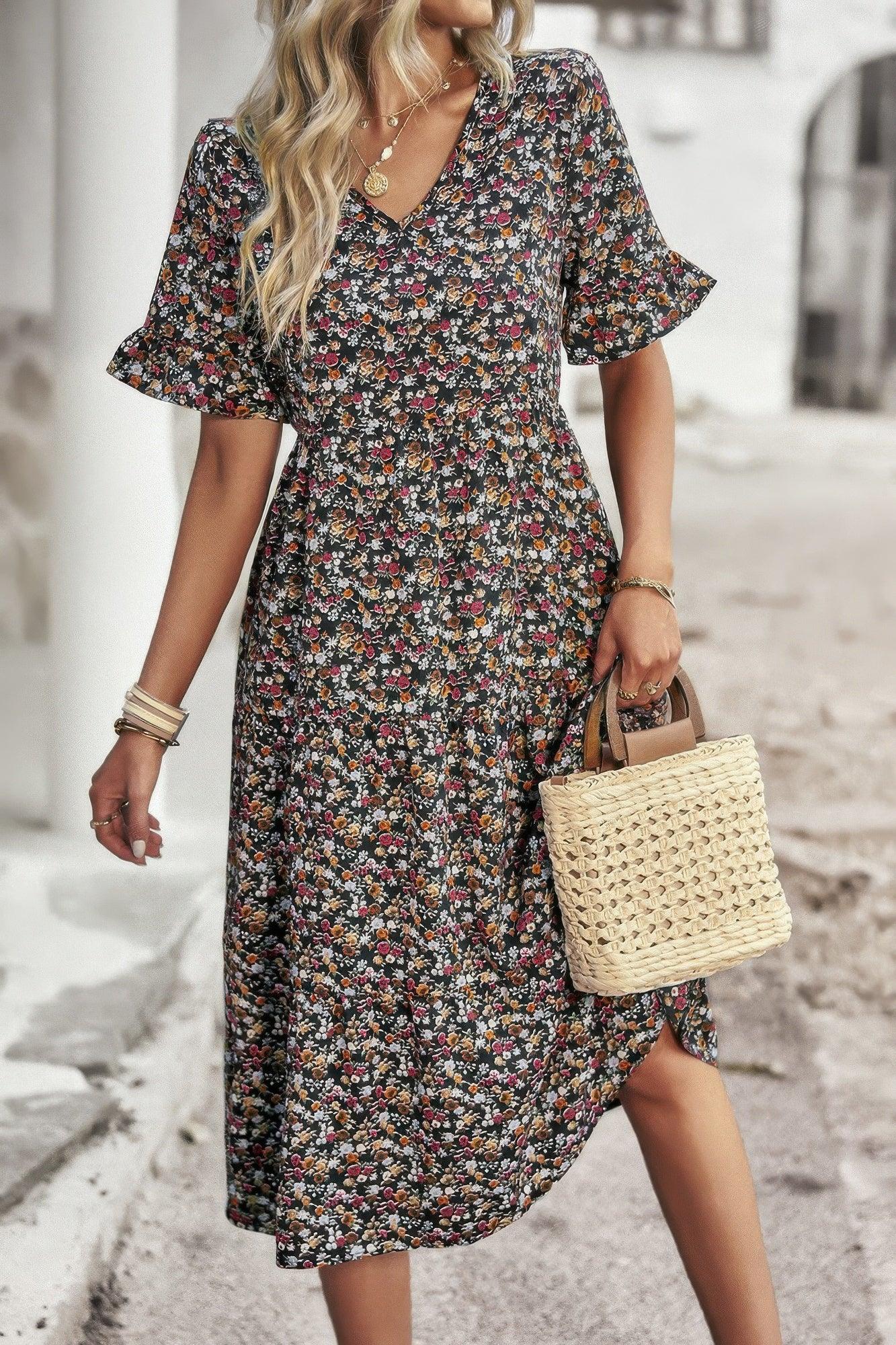 Boho Floral Ruffle Hem V Neck Short Sleeve Dress - minbolu -
