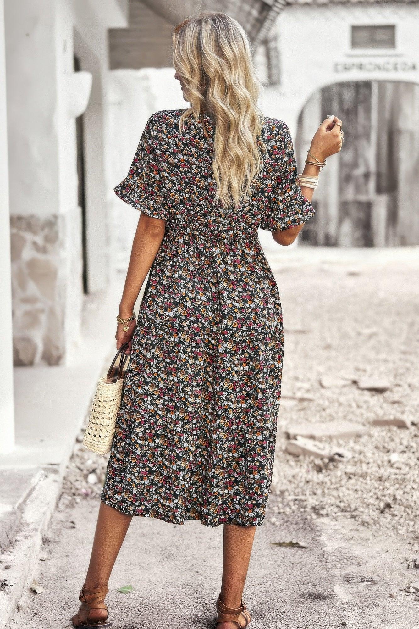 Boho Floral Ruffle Hem V Neck Short Sleeve Dress - minbolu -