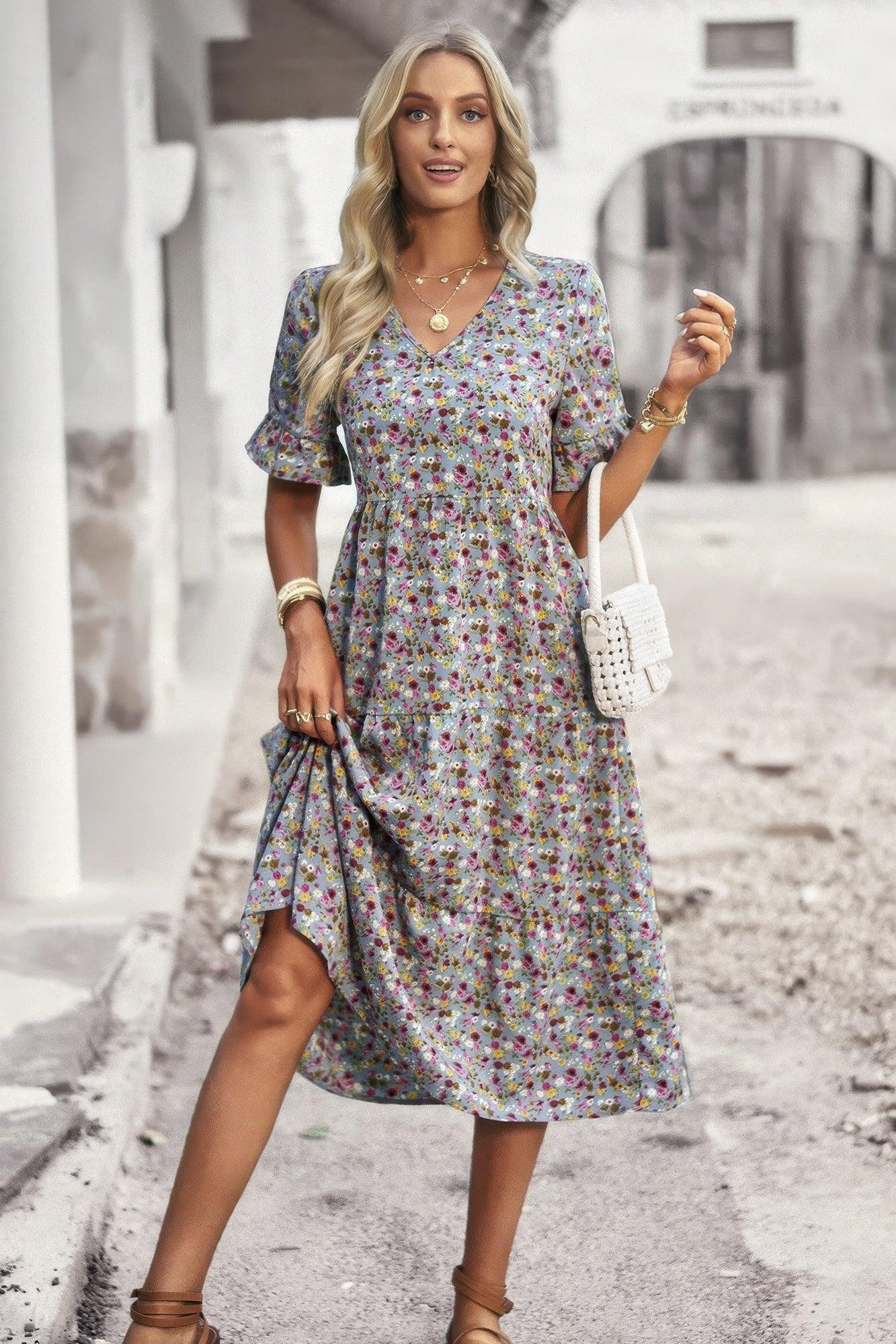 Boho Floral Ruffle Hem V Neck Short Sleeve Dress - minbolu -