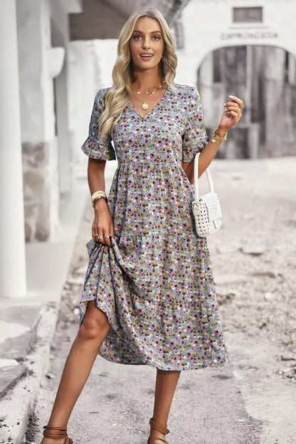 Boho Floral Ruffle Hem V Neck Short Sleeve Dress - minbolu -